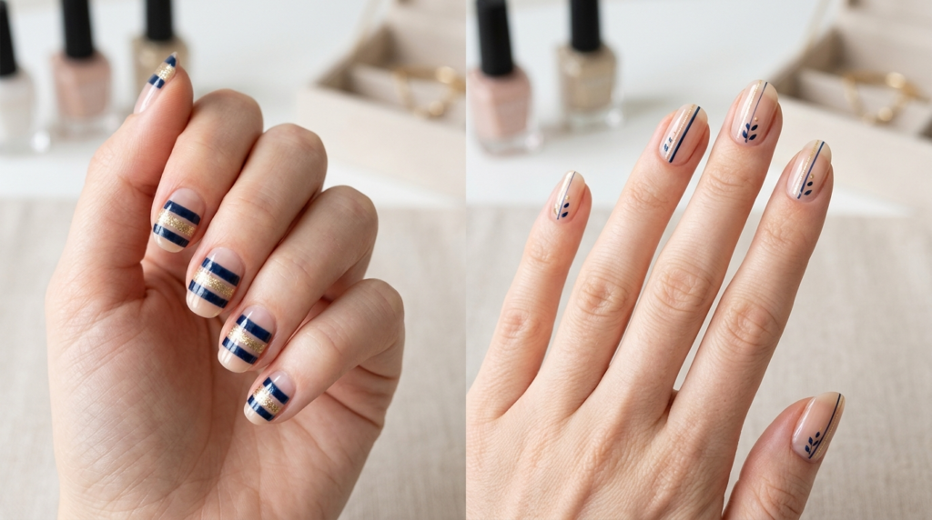 Minimalist vertical line nail art on short natural nails to create an elongated optical illusion