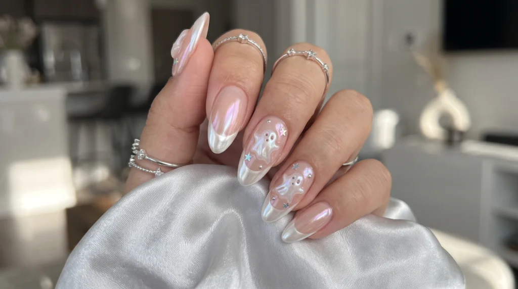 Glazed donut pearl chrome French tip nails with pearlescent ghost accents on short nails