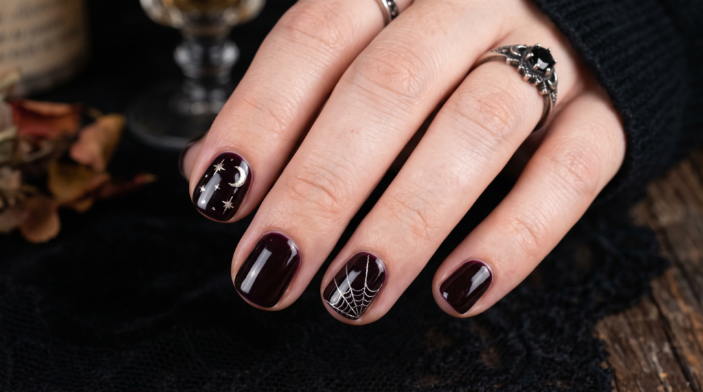 Gothic-chic short black cherry nails with subtle celestial stars accent Halloween manicure