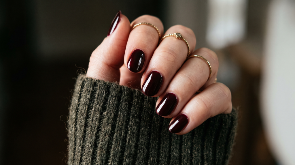 Short oval natural nails in ultra-glossy deep merlot black cherry red polish