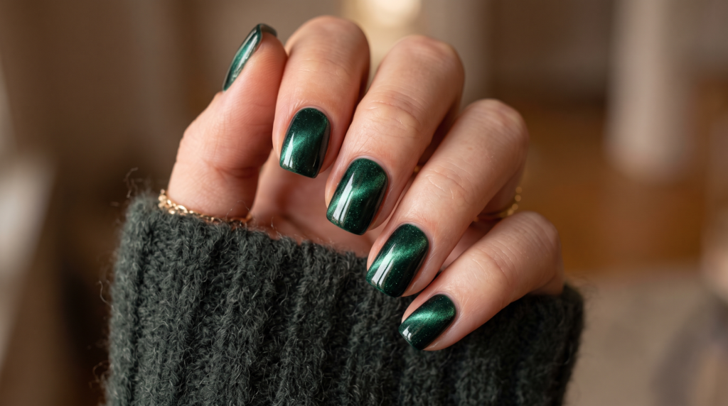 Short squoval nails with deep emerald green magnetic velvet cat-eye gel polish