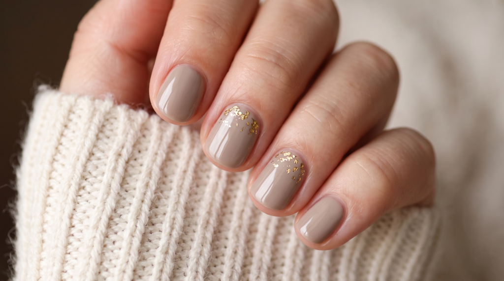 Cashmere taupe short nails with delicate gold leaf flakes near the cuticle
