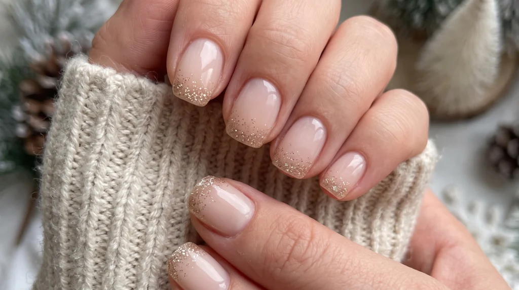 Short natural squoval nails with a sheer milky nude base and delicate champagne gold micro glitter tips