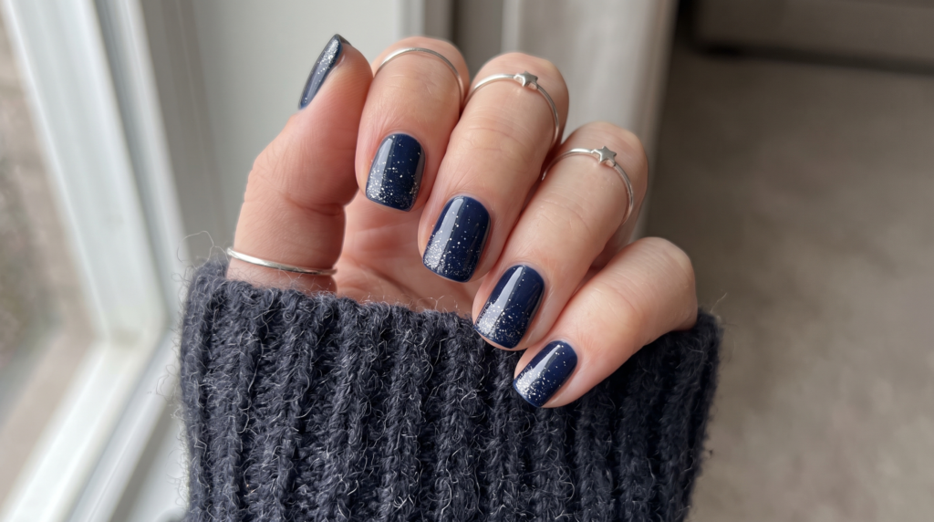 Short winter nails painted in deep midnight navy blue with silver stardust micro shimmer accents