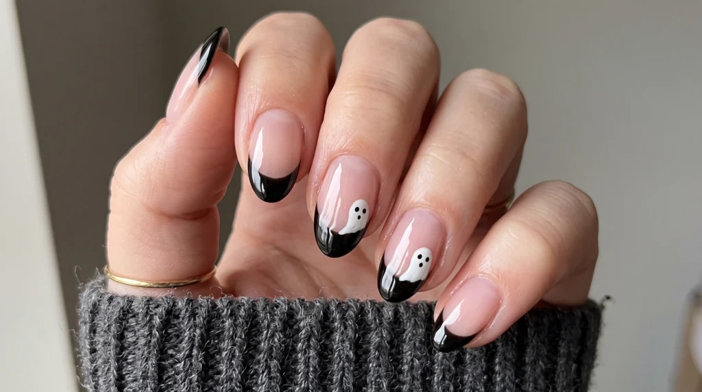 Moody black French tip nails with cute white ghosts on short sheer pink nails
