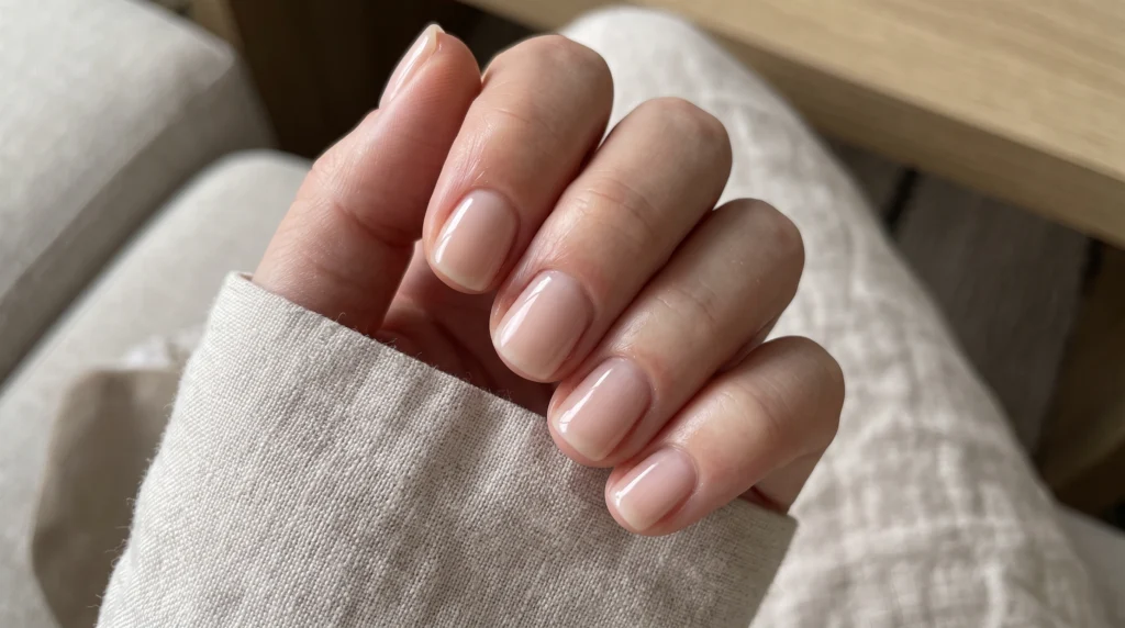 Semi-opaque milky nude builder gel base disguising natural smile lines on short nails