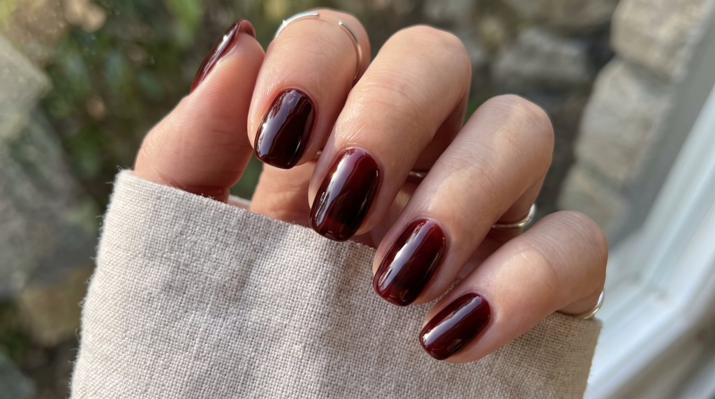Ultra-glossy short black cherry nails with a reflective glass finish gel top coat