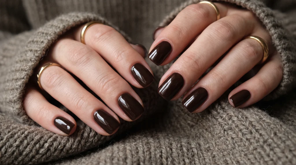 Short natural squoval nails painted in rich dark espresso brown gel with a high-shine finish
