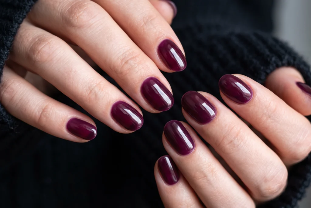 Short oval nails painted in translucent deep blackberry plum jelly gel polish with a high-shine finish