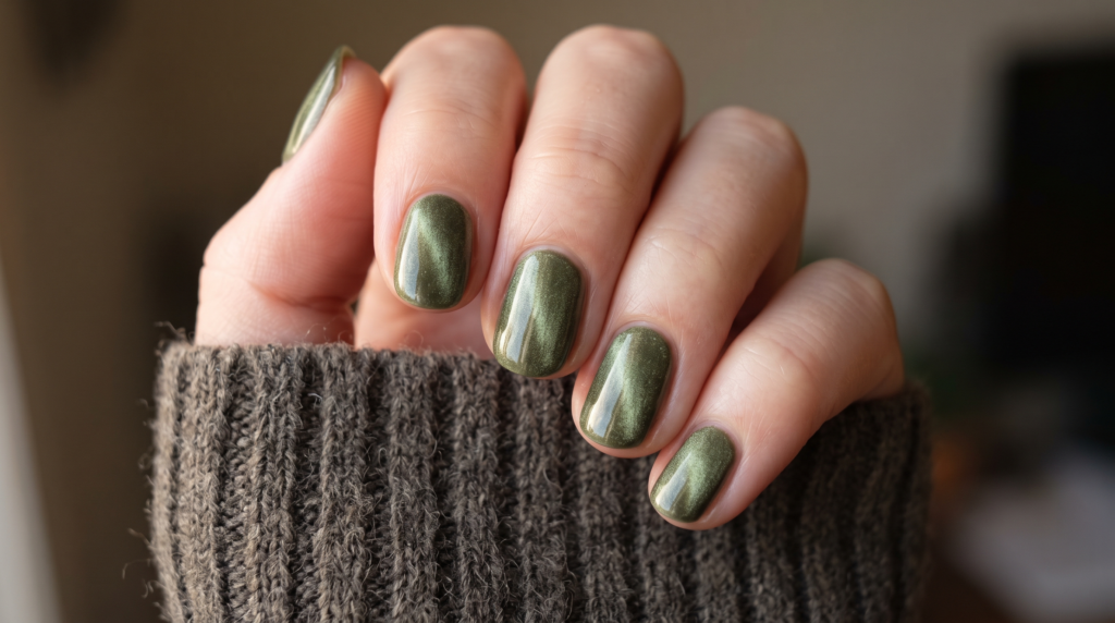 Velvet olive green magnetic cat-eye manicure on short autumn nails