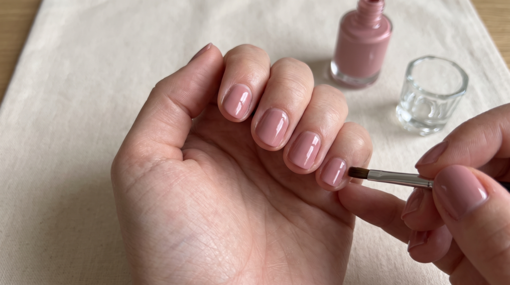 Applying pink nail polish to short nails while leaving a clean hairline margin along the sides with a cleanup brush