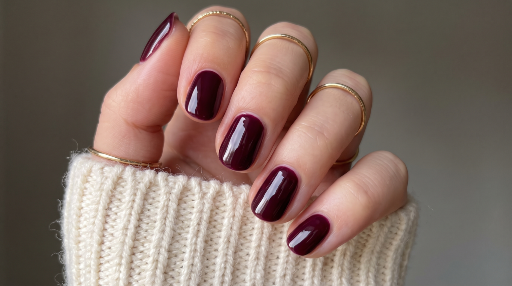 High-gloss mulled wine and black cherry polish on short natural oval nails