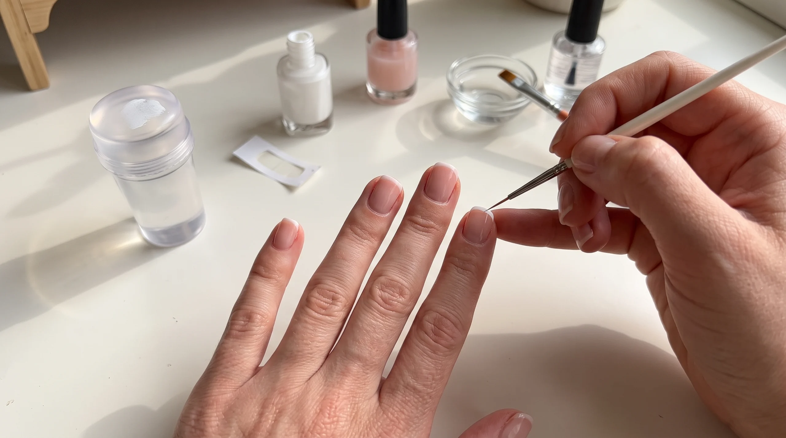Step-by-step tutorial on how to do clean micro French tips on short natural nails at home