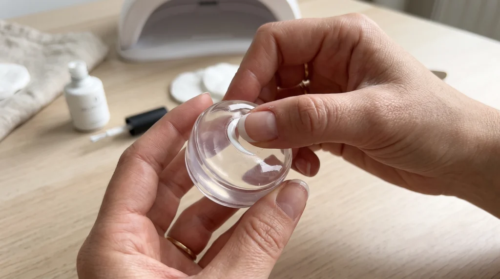 Using a silicone nail stamper to press clean micro French tips on short natural nails