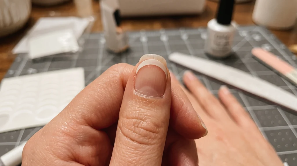 Curved stencil tape guide placed on short natural nail for French tip application