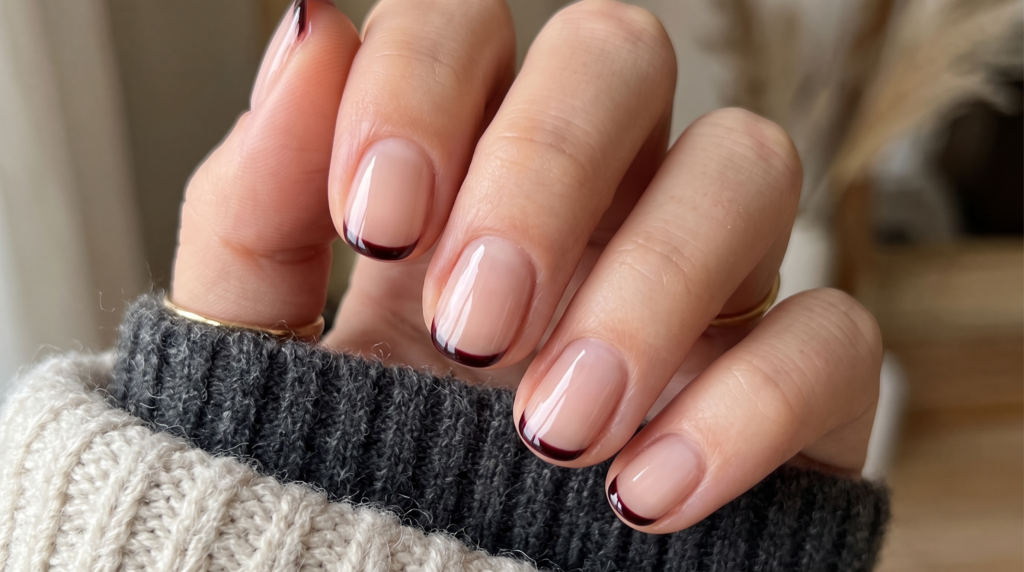 Micro black cherry French tips on short squoval nails with a sheer milky pink base