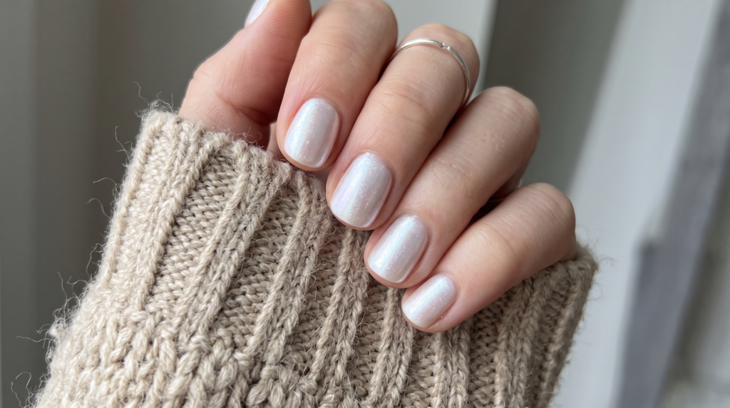 Classy short winter nails with a frosted white pearl glazed chrome finish
