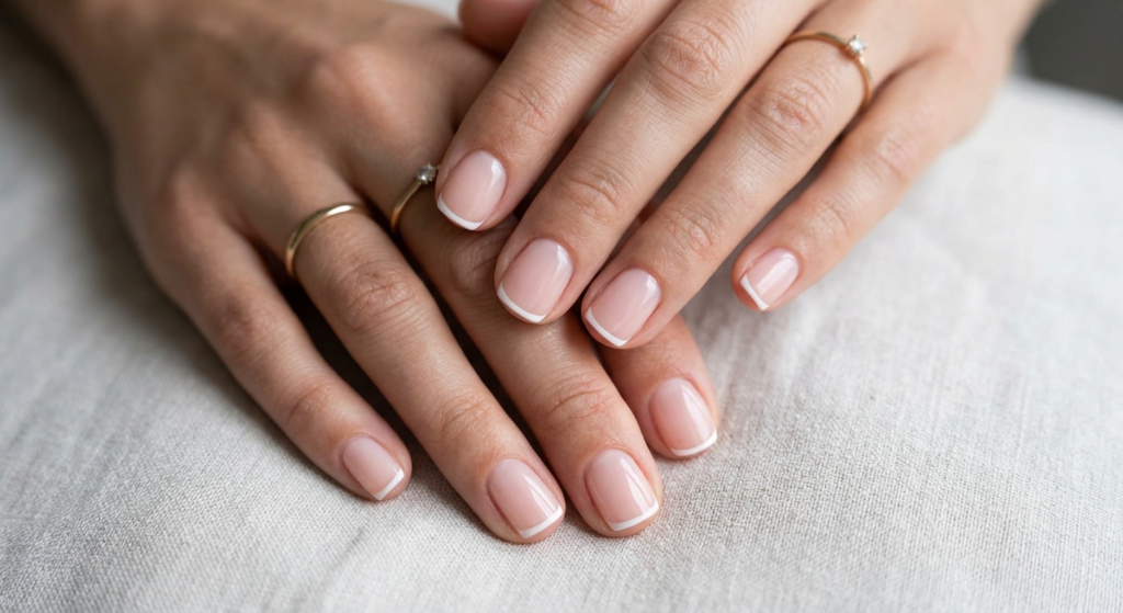 Close-up of short nails with ultra-thin white micro French tips on a sheer pink base