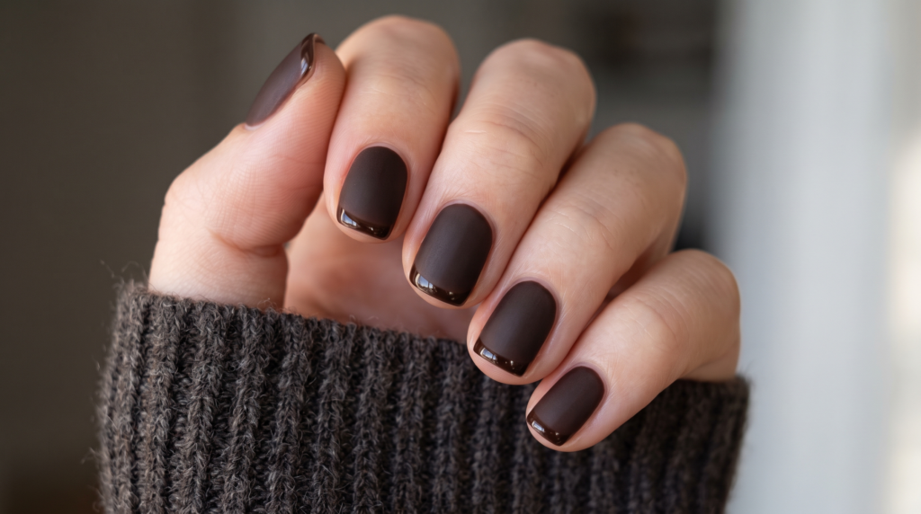 Matte dark chocolate brown short nails with glossy tonal French tips
