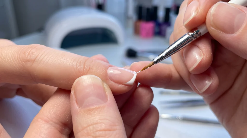 Long bristle striper brush painting an ultra fine micro French tip on short nails