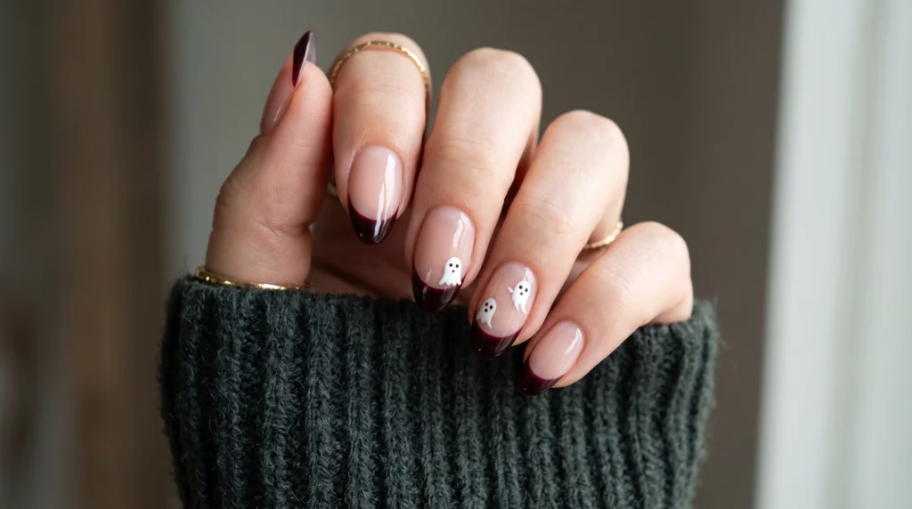 Deep black cherry French tip nails with tiny ghost silhouettes on short nails
