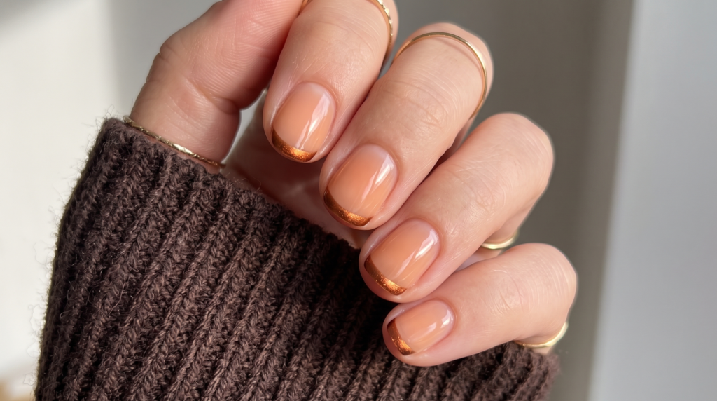 Metallic copper and burnt amber micro French tips on short natural nails