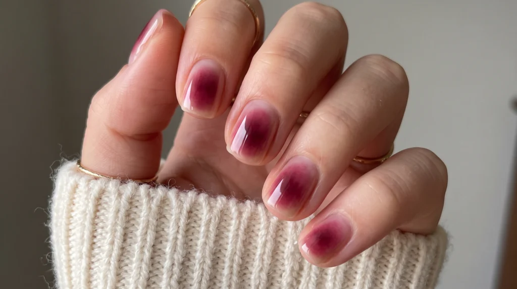 Soft diffused plumberry aura manicure on short squoval nails