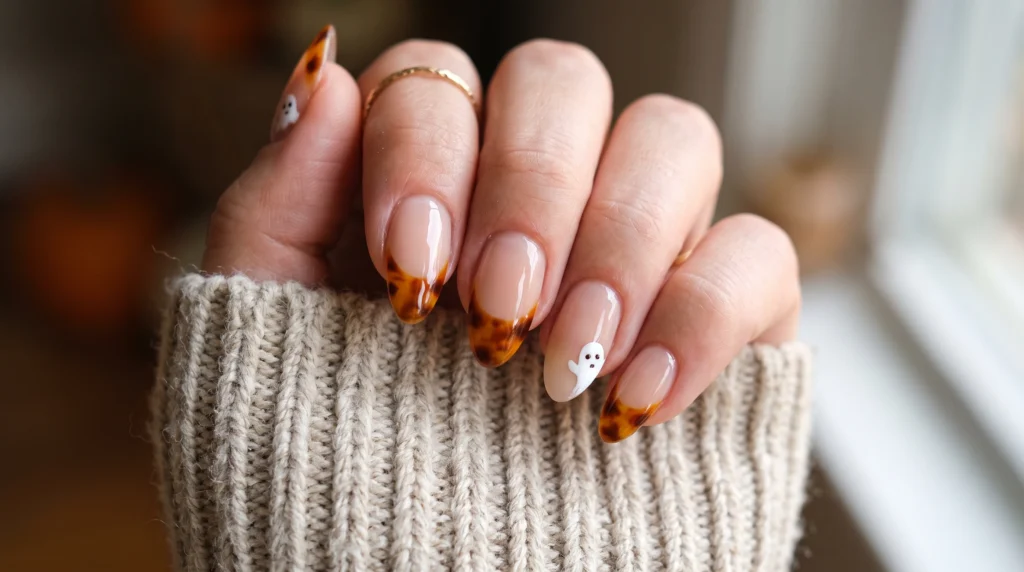 Tortoiseshell French tip nails with cute peeking ghost accent art on short nails