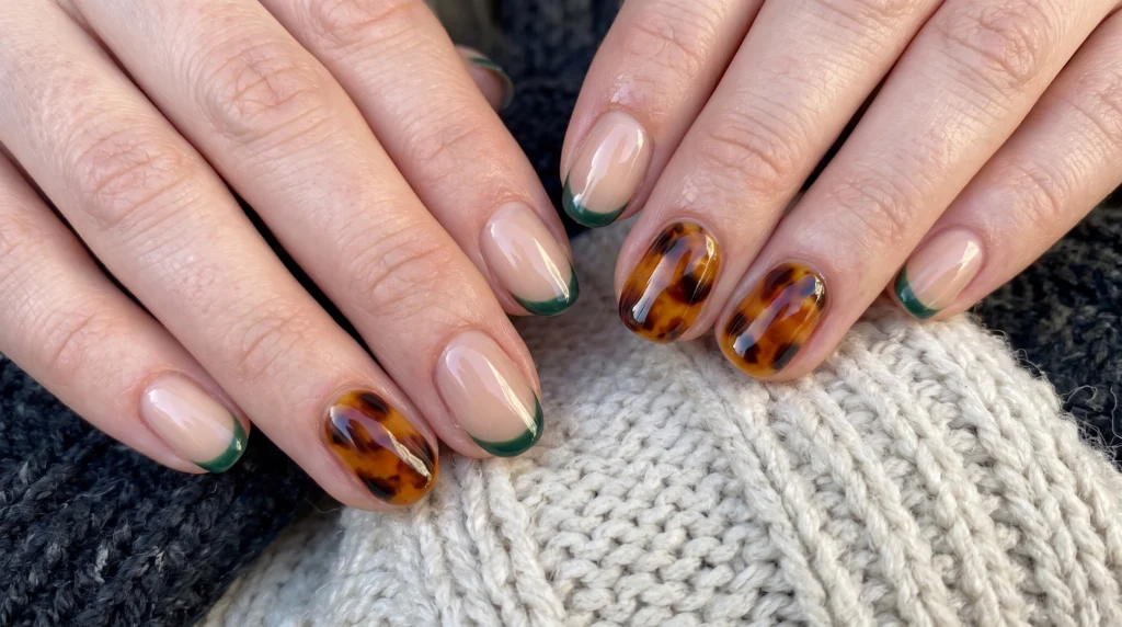 Short nails with amber tortoiseshell art on accent fingers and deep forest green micro French tips