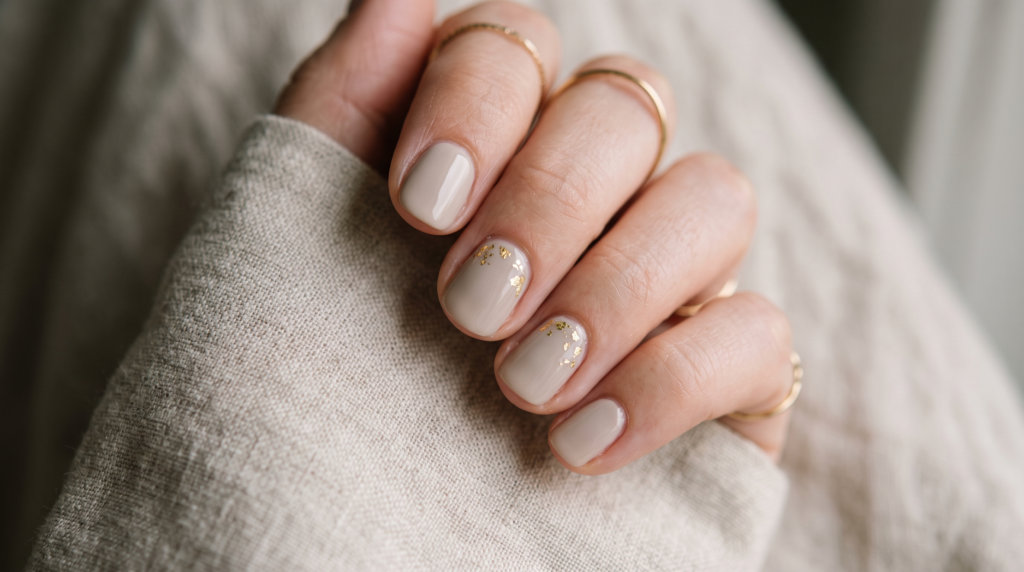 Short natural nails in creamy cashmere greige polish with delicate gold leaf flecks