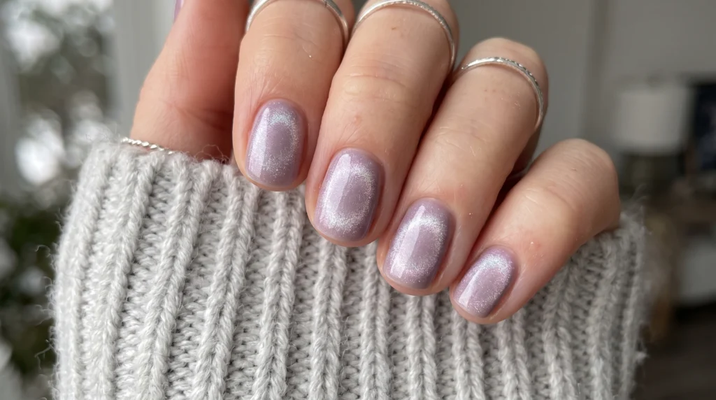 Trendy short winter nails with a cool-toned mauve base and magnetic velvet cat-eye aura highlight