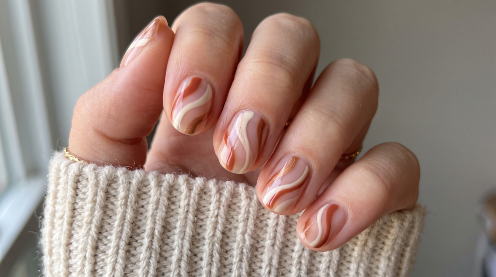 Minimalist terracotta and cream abstract swirls on short Thanksgiving nails