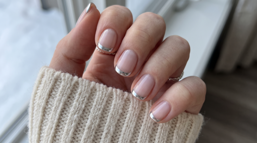 Short rounded natural nails with a milky-pink base and silver chrome micro French tip
