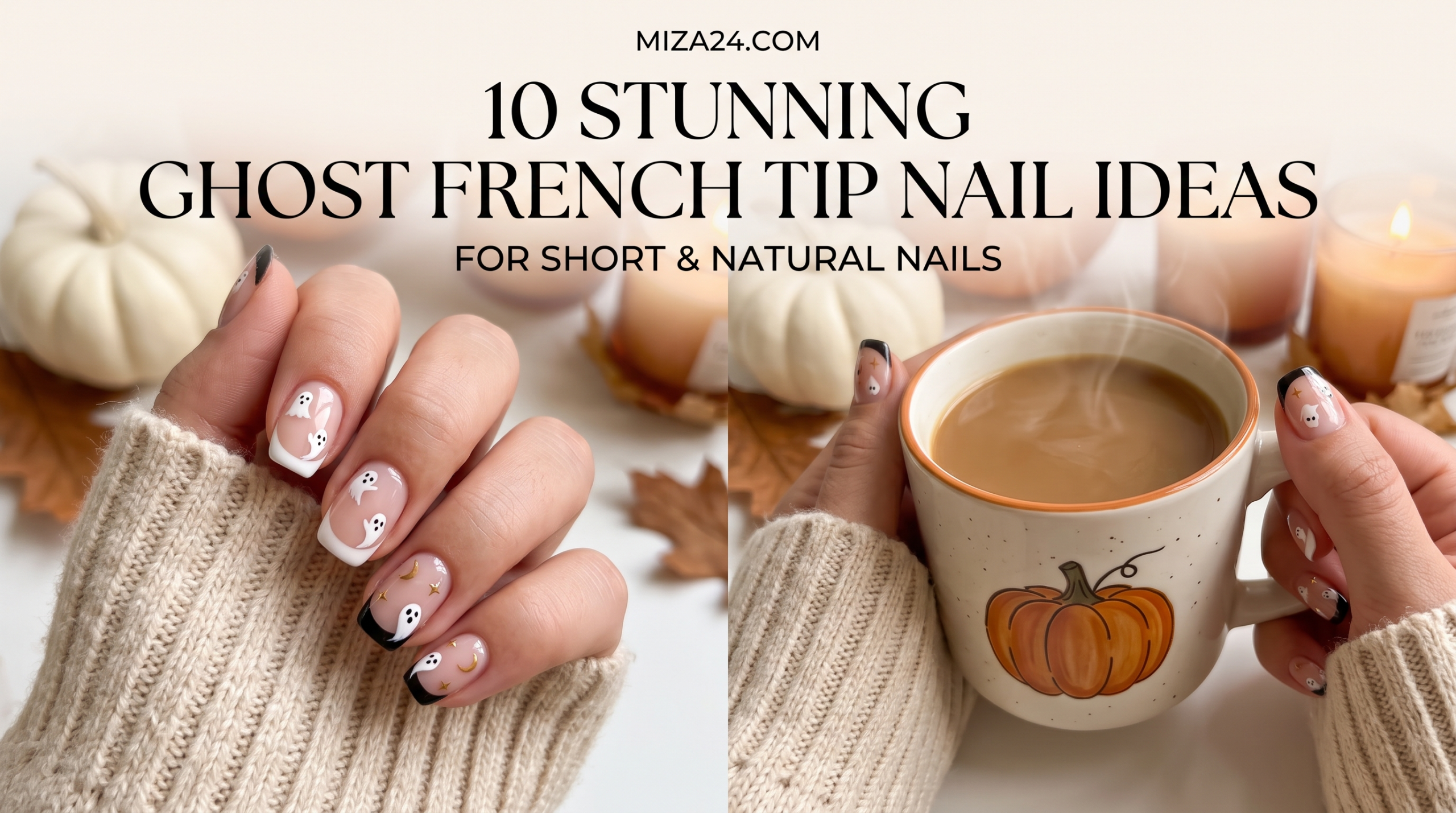 Classic micro ghost French tip nails on short natural nails with a cozy autumn vibe