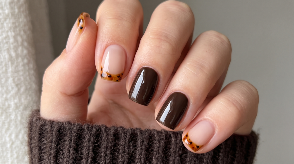 Short November nails featuring caramel tortoiseshell micro French tips