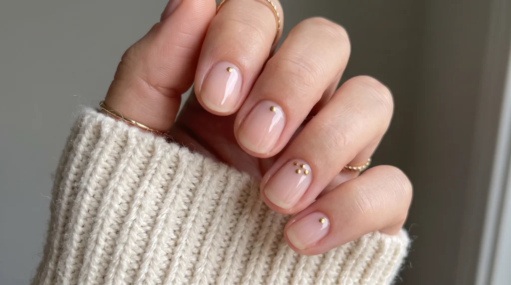 Sheer milky nude short nails with tiny gold cuticle dots for November