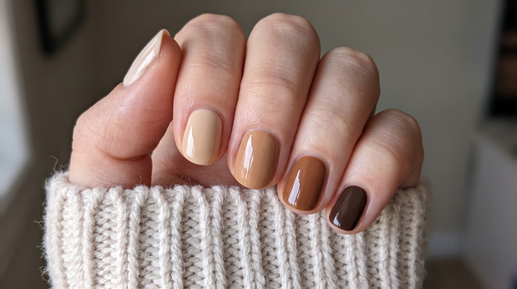 Five-shade chai latte brown and cream tonal gradient on short November nails