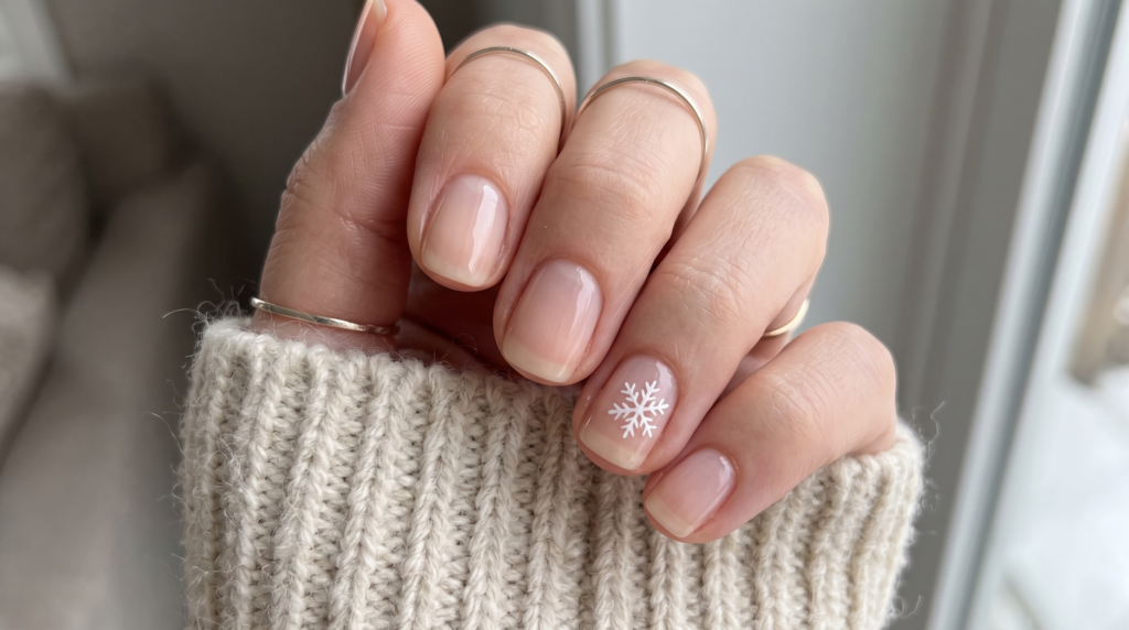 Minimalist short winter nails with a sheer nude base and a single tiny white snowflake accent