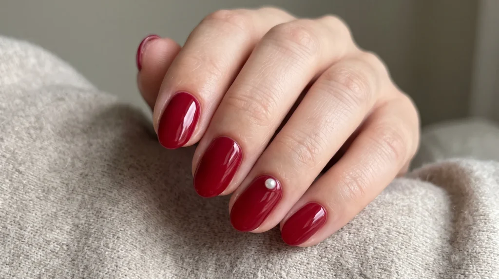 Short black cherry nails featuring delicate micro pearl cuticle accents on natural nails