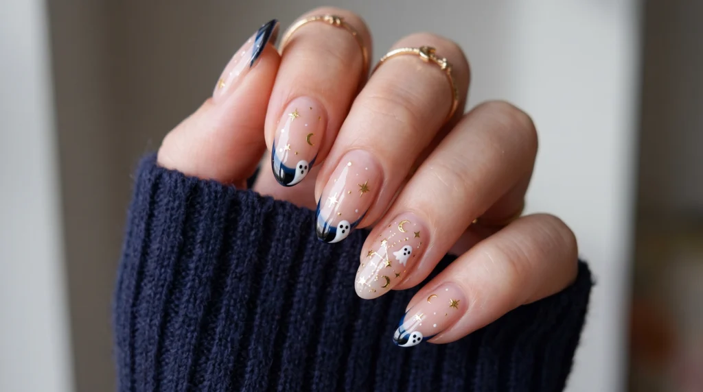 Celestial starry night ghost French tip nails with gold foil stars and moon on short nails