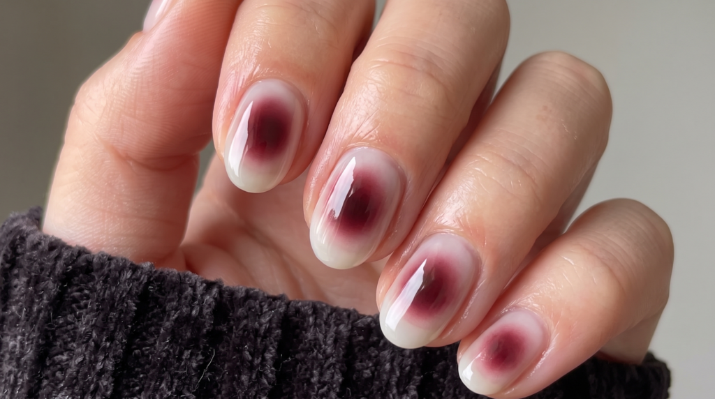 Moody cherry aura short nails with a diffused dark red center on a sheer milky base