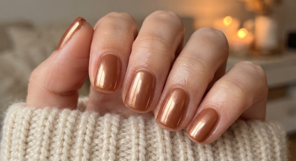Toasted cinnamon brown glazed chrome manicure on short November nails