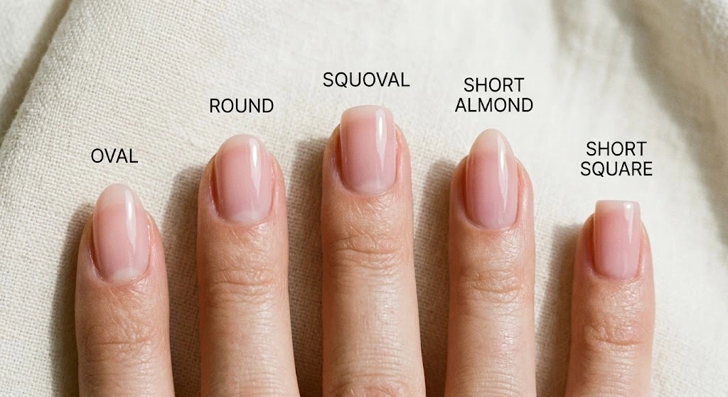 Comparison of round, oval, and squoval nail shapes to make short natural nails look longer