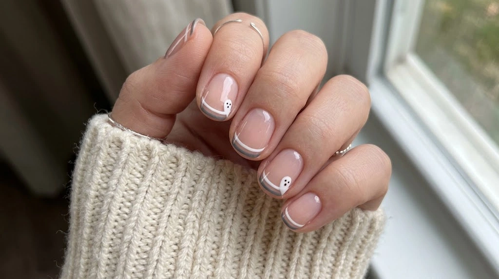 Double micro French tip nails in white and charcoal with peek-a-boo ghost on short nails
