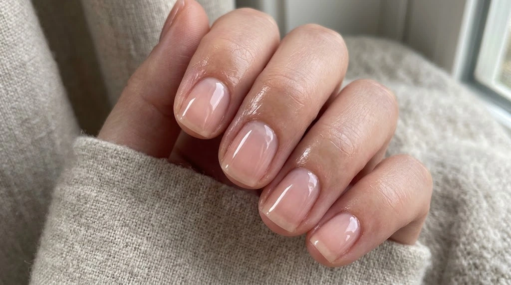 Short natural nails with a high-shine glossy top coat over a sheer pink base